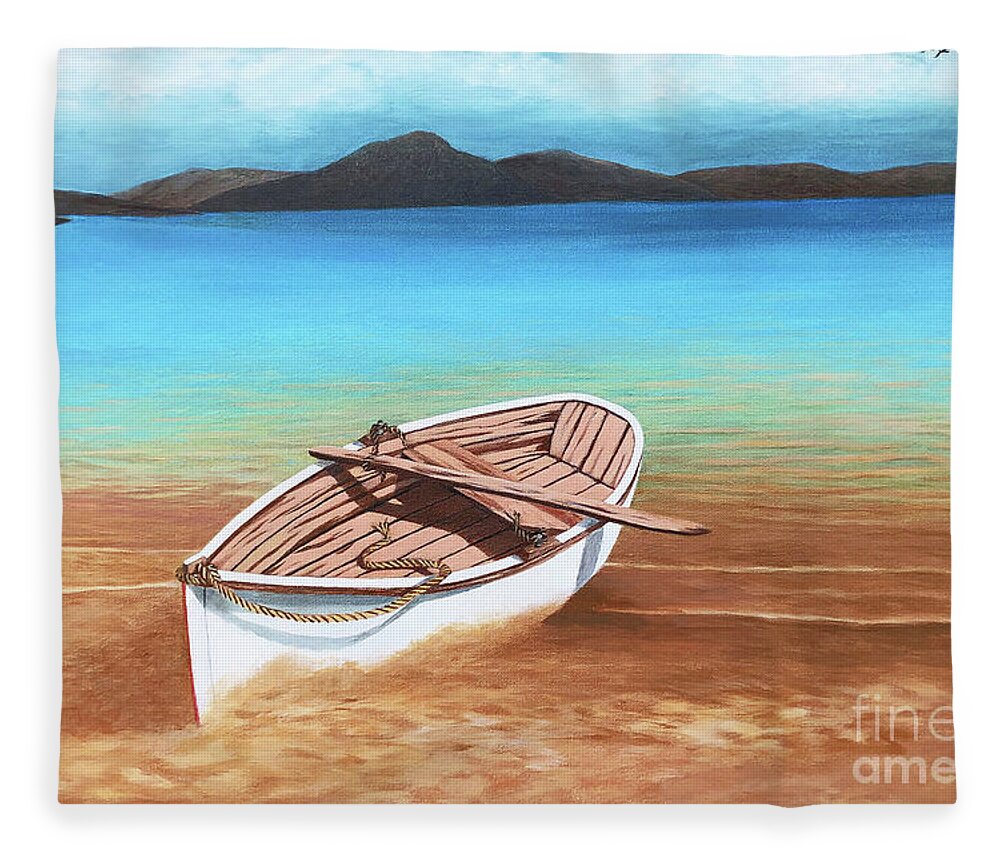 Boats In The Sand Fleece Blanket featuring the painting TAKING A BOW IN SANTORINI- Prints of Oil Painting by Mary Grden
