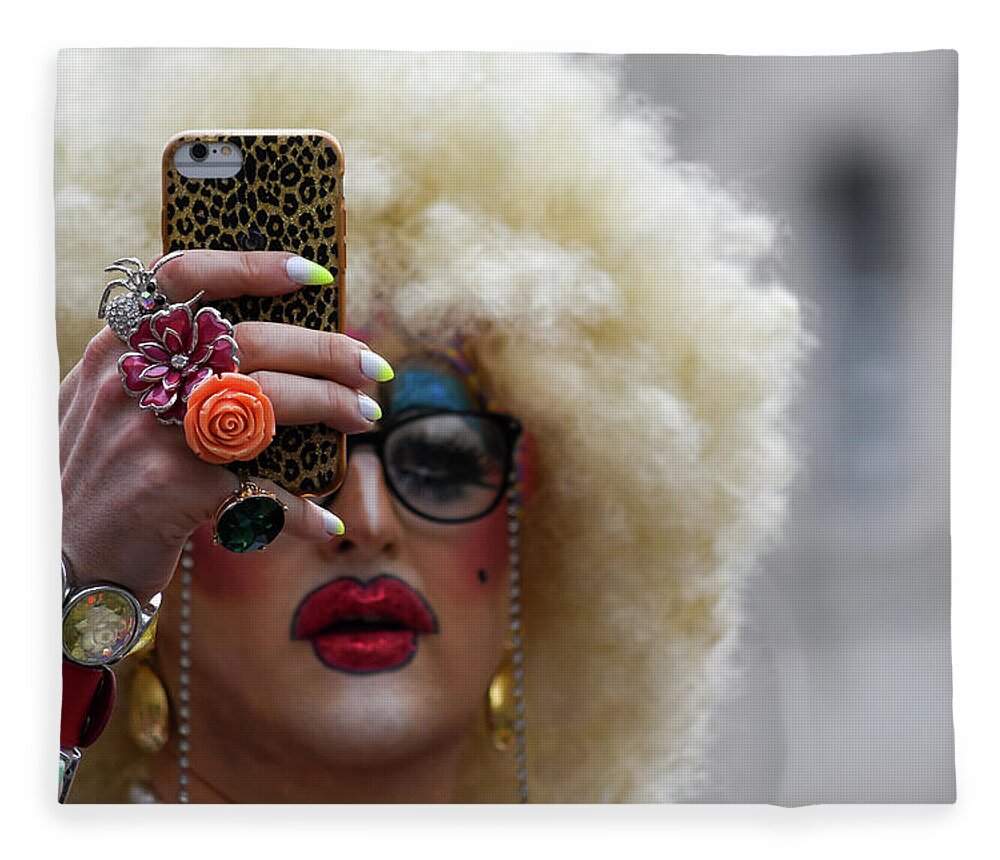 Lgbt Fleece Blanket featuring the photograph Taking a selfie during Pride in London 2019 by Andrew Lalchan