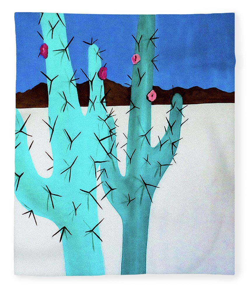 Cactus Fleece Blanket featuring the painting Tall Cacti Two by Ted Clifton