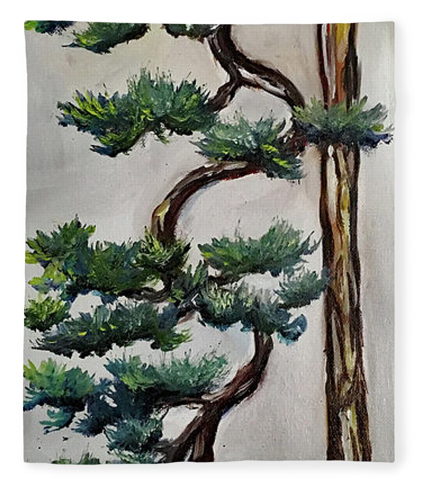 Bonsai Fleece Blanket featuring the painting Tall Cascading Bonsai Tree by Roxy Rich