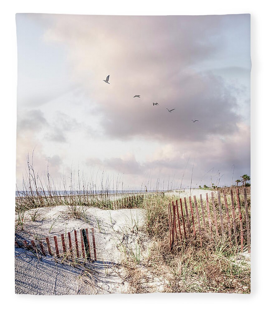 Fence Fleece Blanket featuring the photograph Tall Clouds over the Dunes Pale Tones by Debra and Dave Vanderlaan
