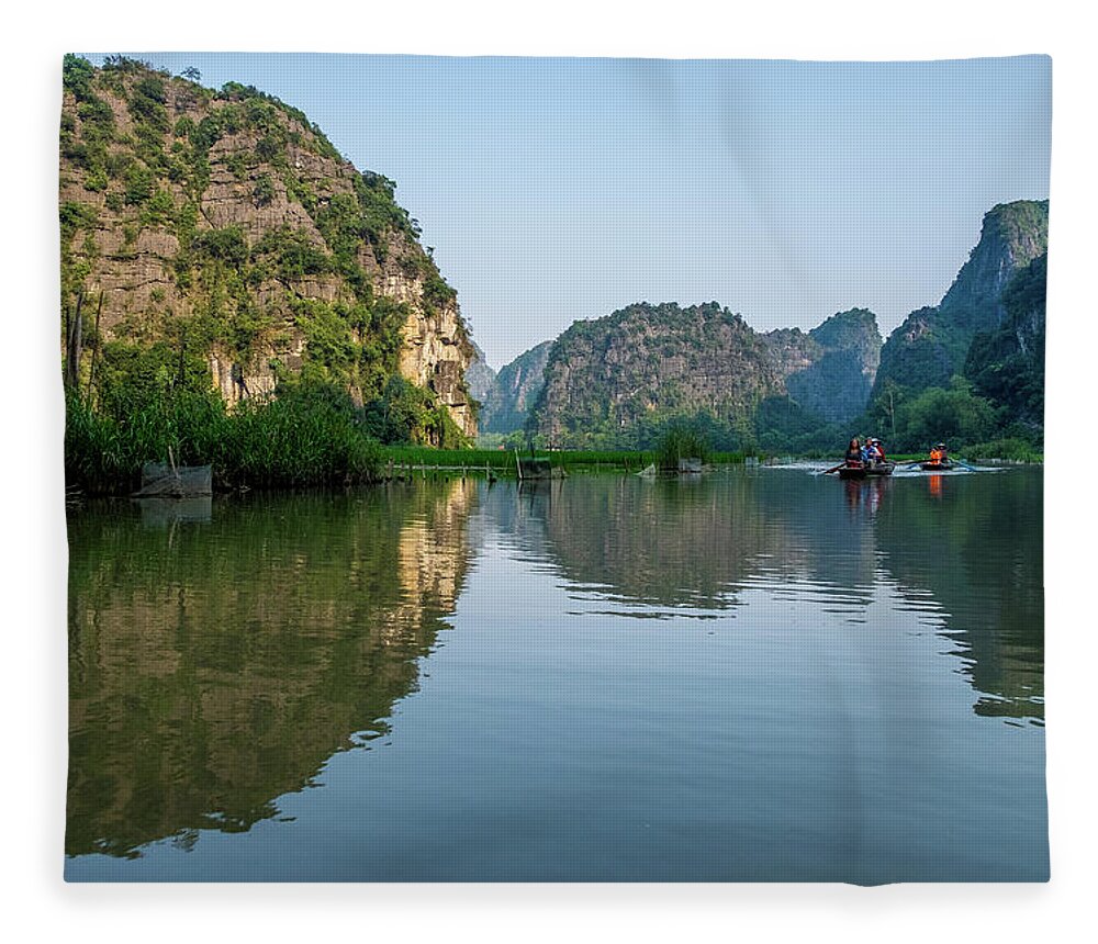 Ba Giot Fleece Blanket featuring the photograph Tam Coc View in Ninh Binh by Arj Munoz