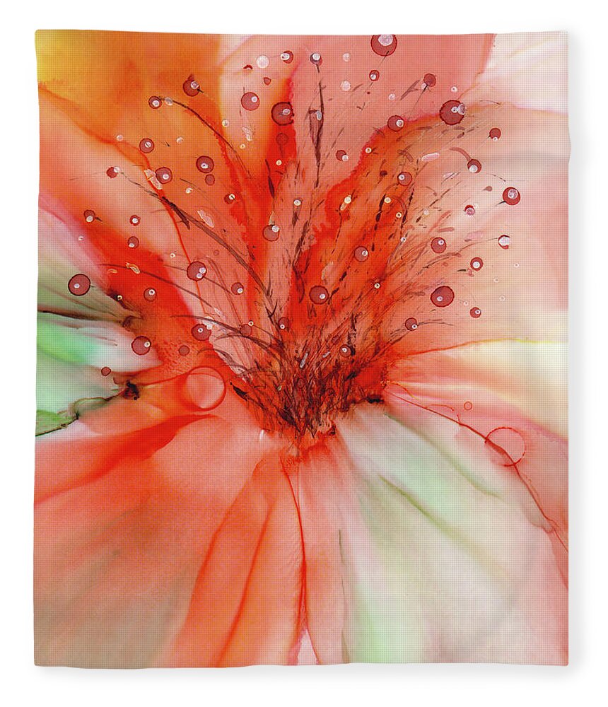 Beautiful Floral Painting In Orange Hues With Detailed Center. Lots Of Energy And Movement In The Piece! Original Painting Was Done In Vibrant Alcohol Ink Which Has A Wonderful Organic Flow. Fleece Blanket featuring the painting Tangerine Bloom by Kimberly Deene Langlois