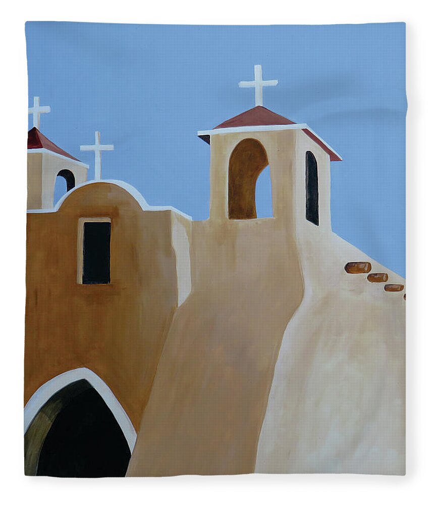 Taos Fleece Blanket featuring the painting Taos Church One by Ted Clifton