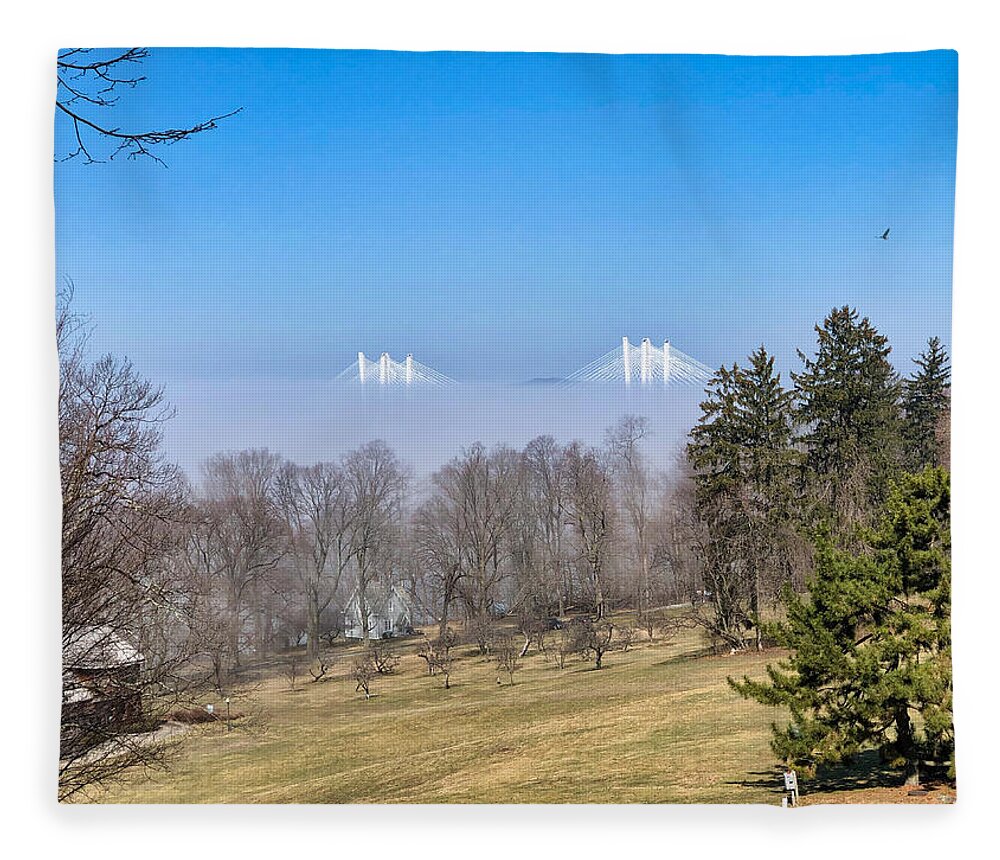 Sky Fleece Blanket featuring the photograph Tappan Zee Bridge Fog and Eagle by Russ Considine