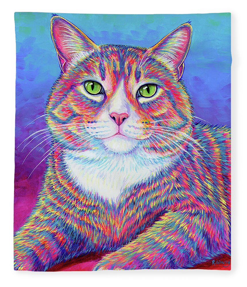Cat Fleece Blanket featuring the painting Teddy the Colorful Brown Tabby Cat by Rebecca Wang