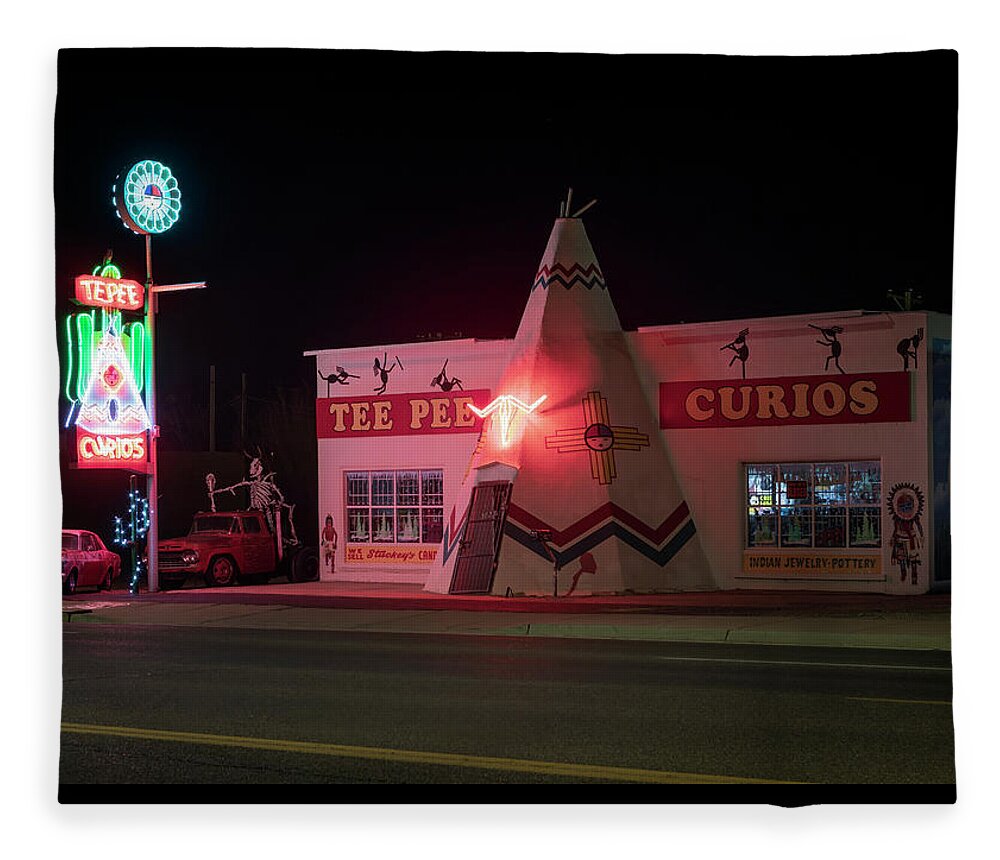 Route 66 Fleece Blanket featuring the photograph Tee Pee Curios at Night - Route 66 by Susan Rissi Tregoning