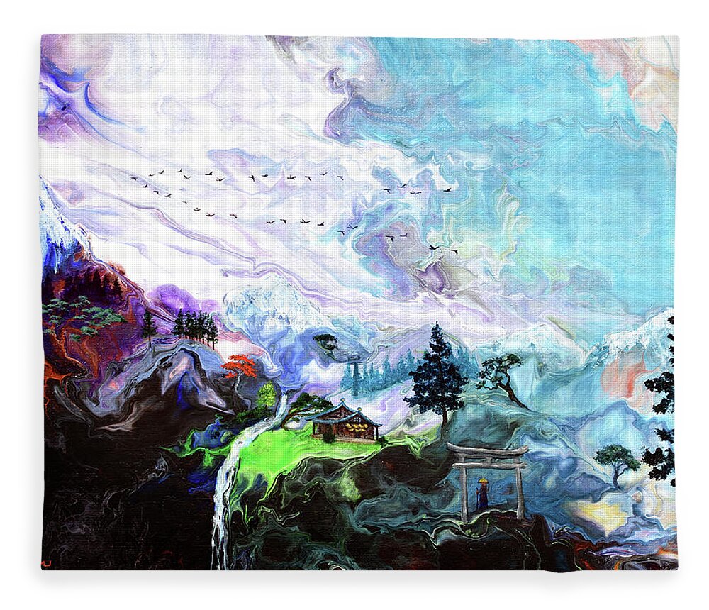 Snow-capped Mountains Fleece Blanket featuring the painting Temple in Green Fields by Laura Iverson