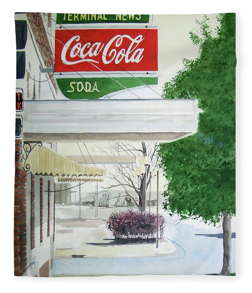 A Coca Cola Sign Hangs Outside The Bus Station In Coffeyville Fleece Blanket featuring the painting Terminal News by Monte Toon