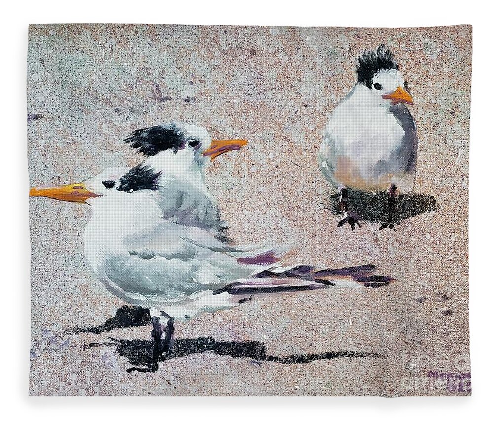 Tern Fleece Blanket featuring the painting Tern Trio by Merana Cadorette