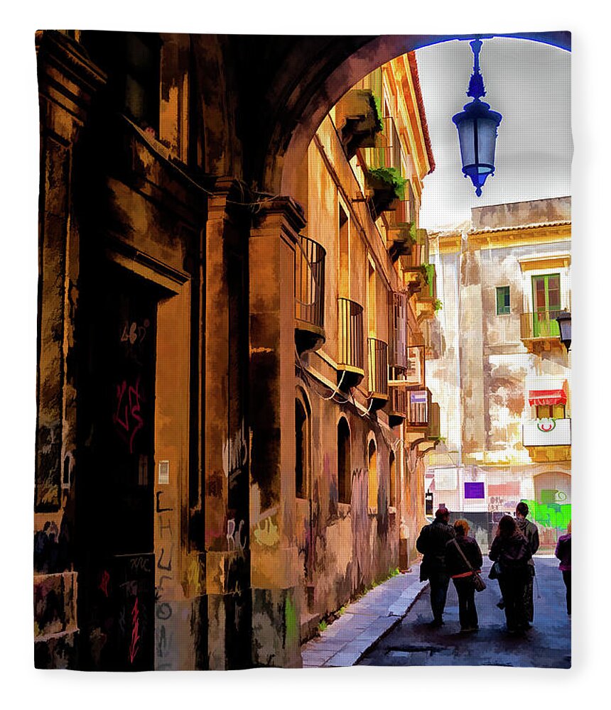 Catania Fleece Blanket featuring the photograph The Alley from Teatro Bellini, Catania, Sicily. by Monroe Payne