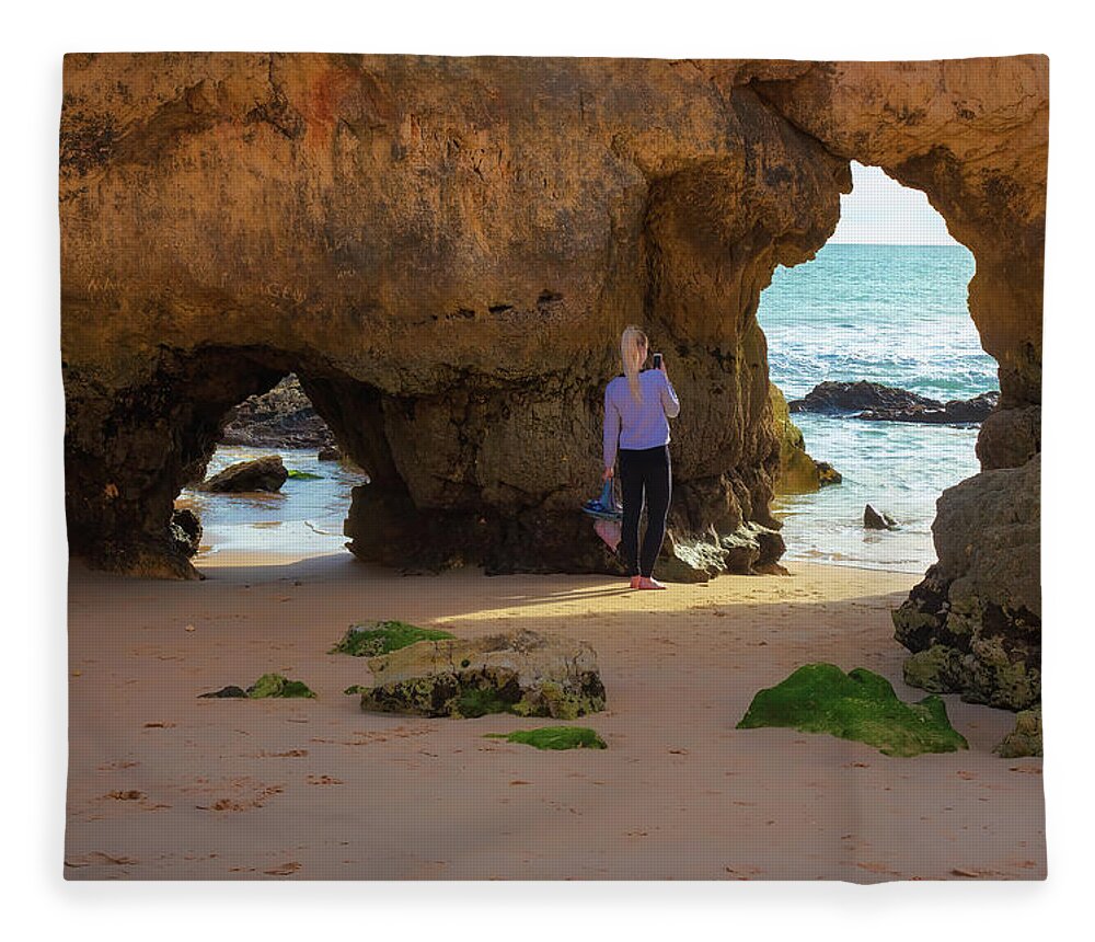 Algarve Fleece Blanket featuring the photograph The beautiful beach of Tres Castelos - 4 Picturesque Edition by Jordi Carrio Jamila