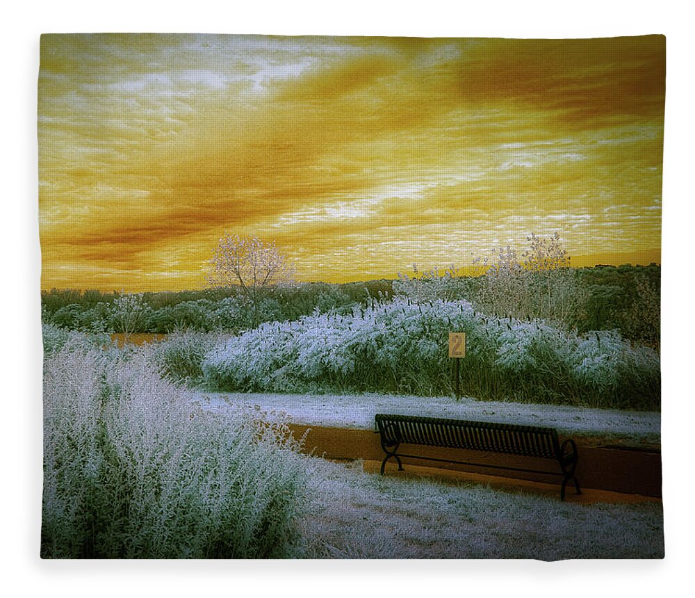 Overpeck Park Fleece Blanket featuring the photograph The Bench by Penny Polakoff