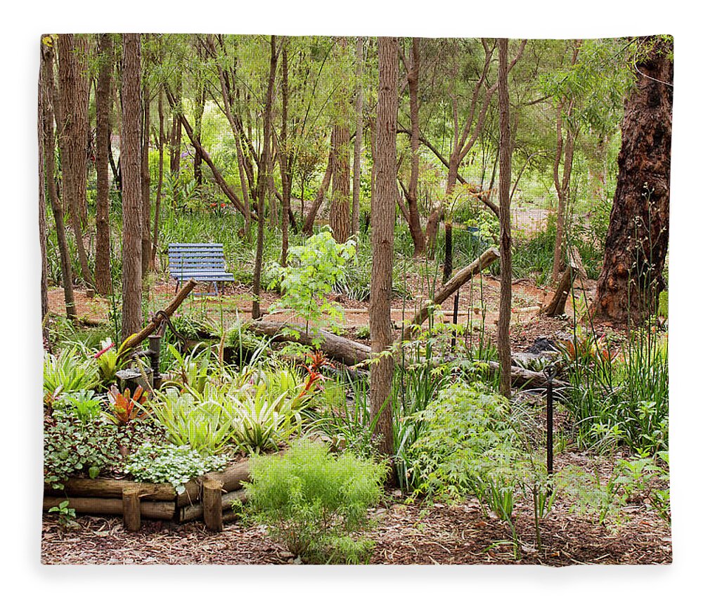Garden Fleece Blanket featuring the photograph The Blue Bench at Lakeside, Pemberton, Western Australia by Elaine Teague