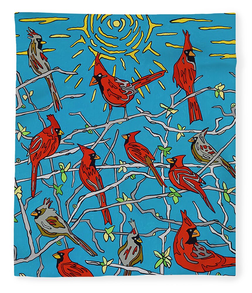Cardinals Fleece Blanket featuring the painting The Cardinal Lounge by Mike Stanko