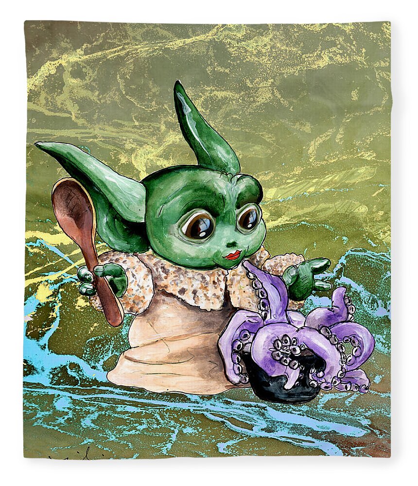 Watercolour Fleece Blanket featuring the painting The Child Yoda 05 by Miki De Goodaboom