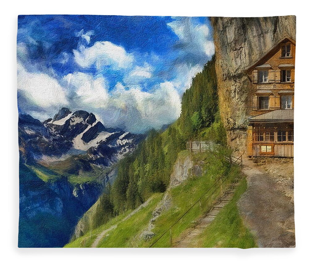 Ascher Fleece Blanket featuring the digital art The Cliffhanging Restaurant in Switzerland by Russ Harris