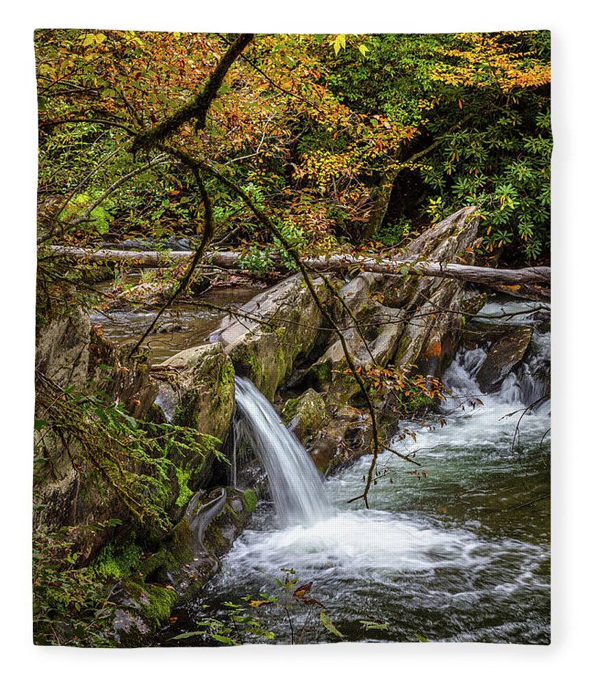 Carolina Fleece Blanket featuring the photograph The Colors of Fall Smoky Mountain Waterfall by Debra and Dave Vanderlaan