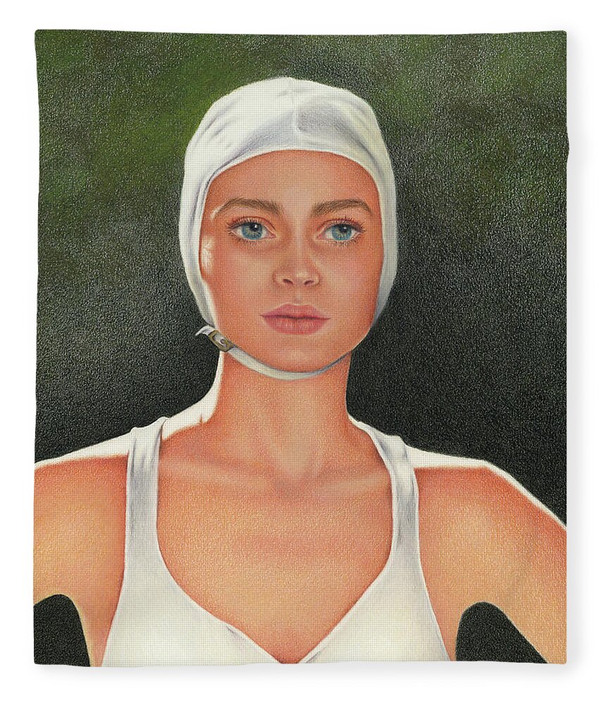 Swimming; Competition; Diving; Vintage Swimwear; Bathing Beauties; White Bathing Cap; White Swimsuit; Blue Eyes Fleece Blanket featuring the painting The Competition by Valerie Evans