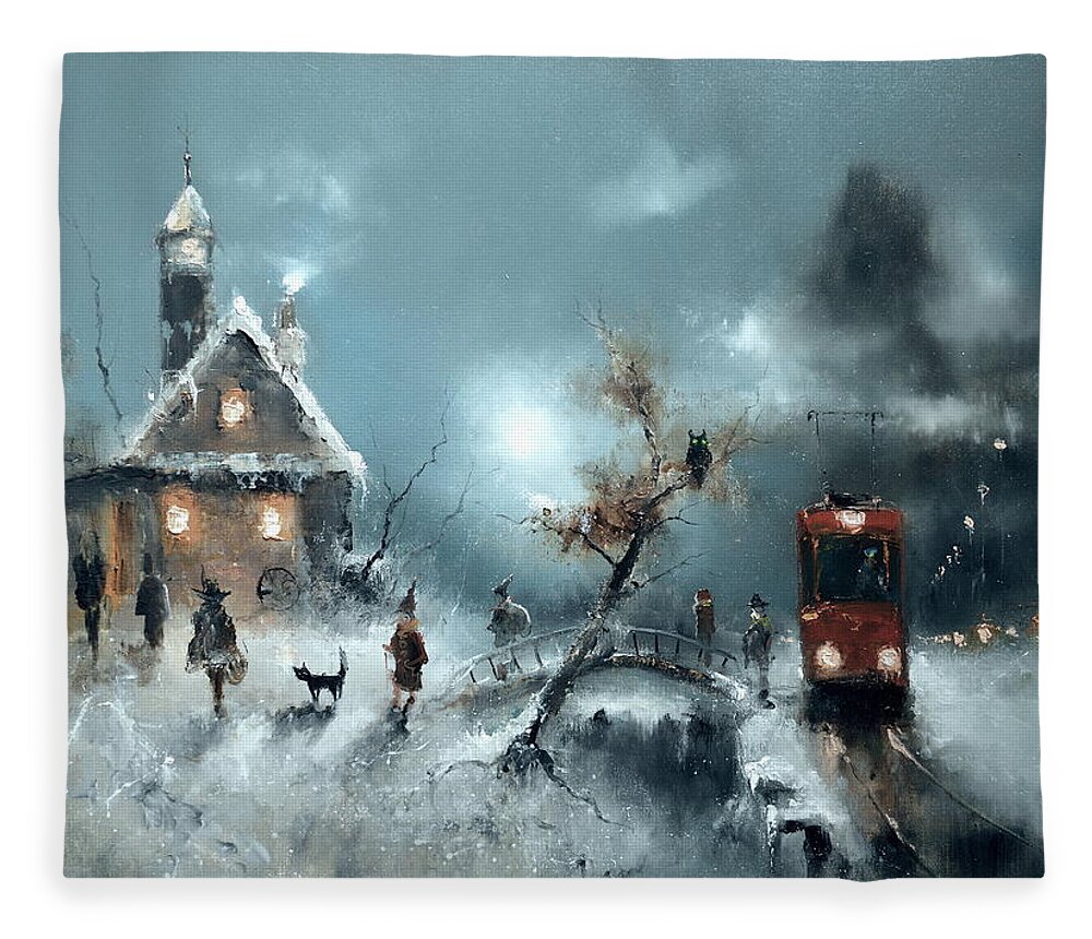Russian Artists New Wave Fleece Blanket featuring the painting The End Stop of Tram by Igor Medvedev