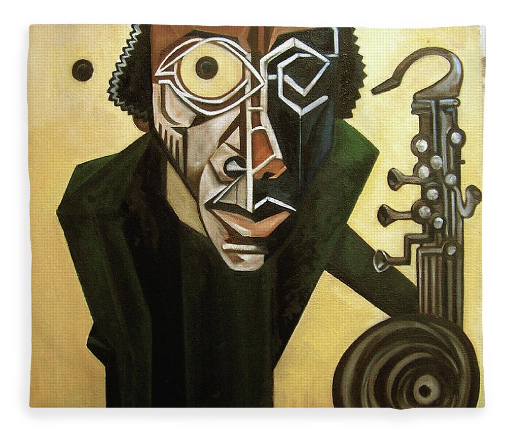 Jazz Fleece Blanket featuring the painting The Ethnomusicologist / Marion Brown by Martel Chapman