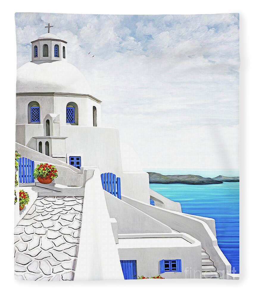 Santorini Fleece Blanket featuring the painting The Face of Santorini-Print of painting-wider view by Mary Grden