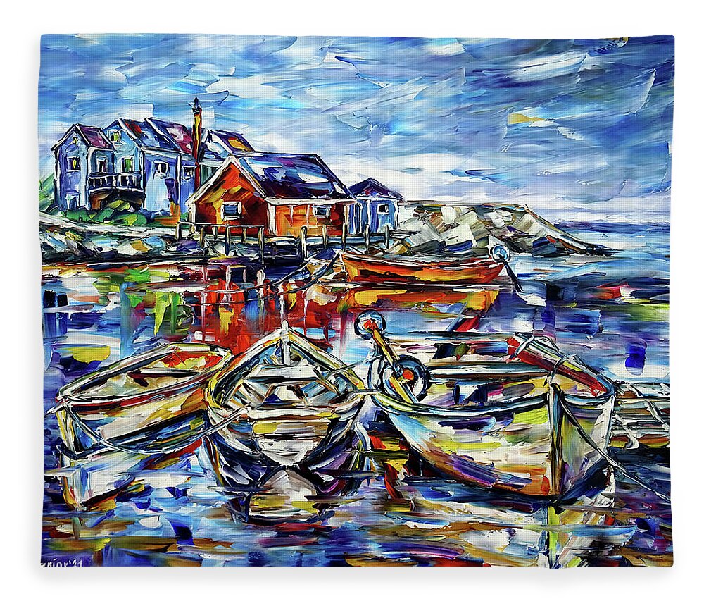 Nova Scotia Fleece Blanket featuring the painting The Fishing Boats Of Peggy's Cove by Mirek Kuzniar