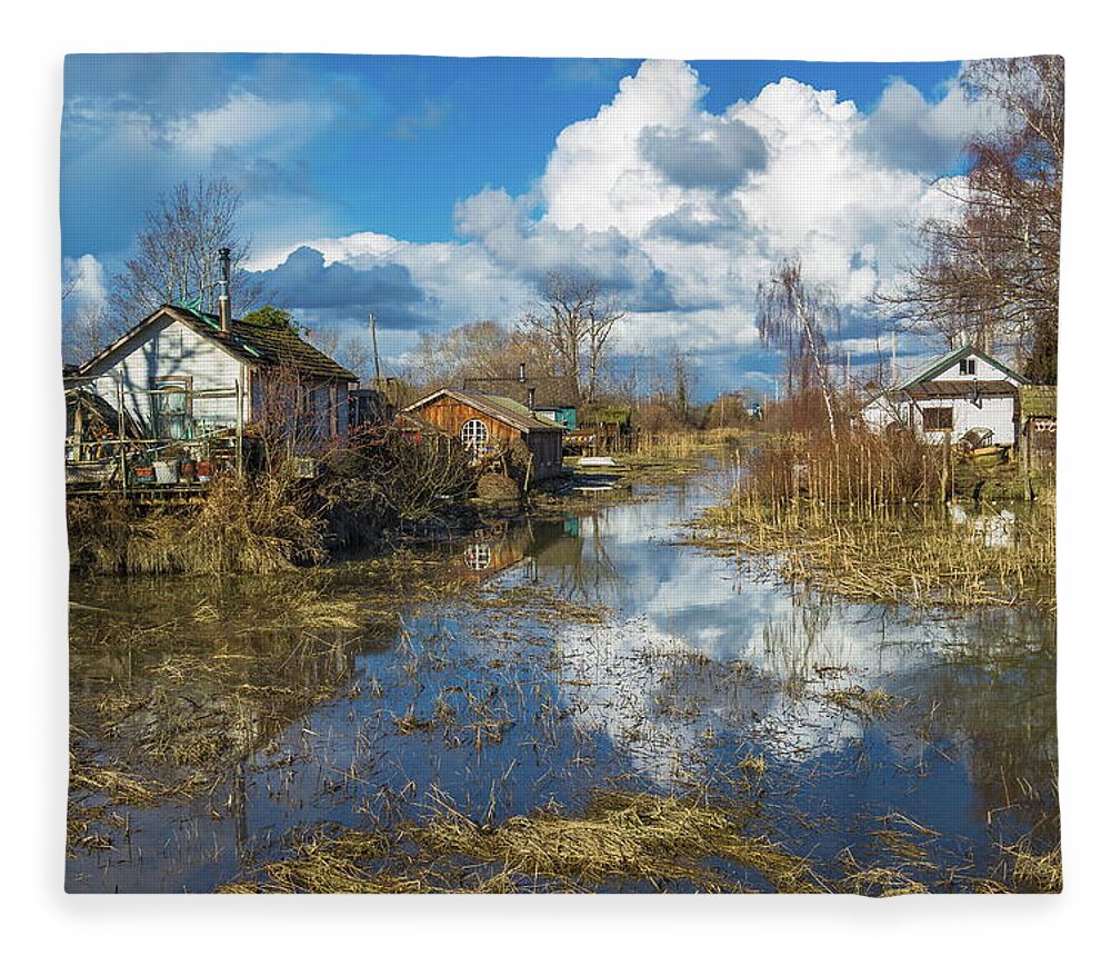 Alex Lyubar Fleece Blanket featuring the photograph The flood in the Finn Slough - old fisherman's village by Alex Lyubar