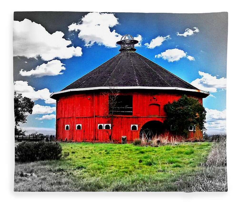 Fountaingrove Fleece Blanket featuring the digital art The Fountaingrove Round Barn, near Santa Rosa, with transition from color to black and white by Nicko Prints
