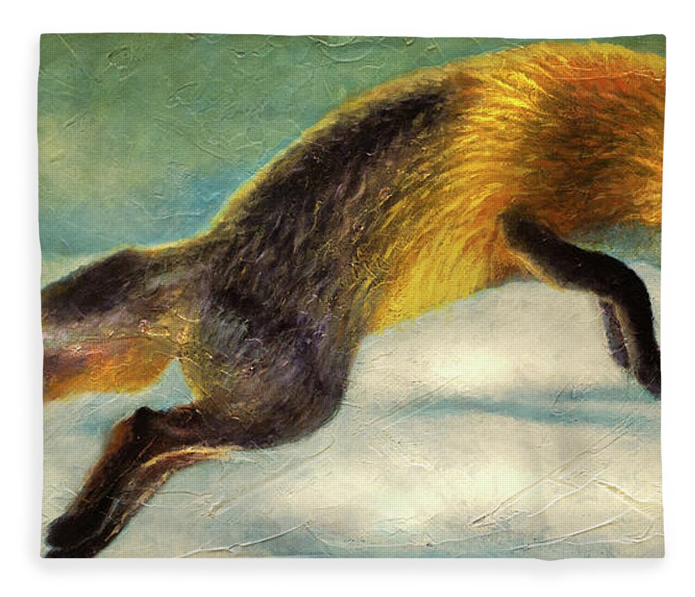 Fox Fleece Blanket featuring the painting The Fox Hop by Kevin Chasing Wolf Hutchins