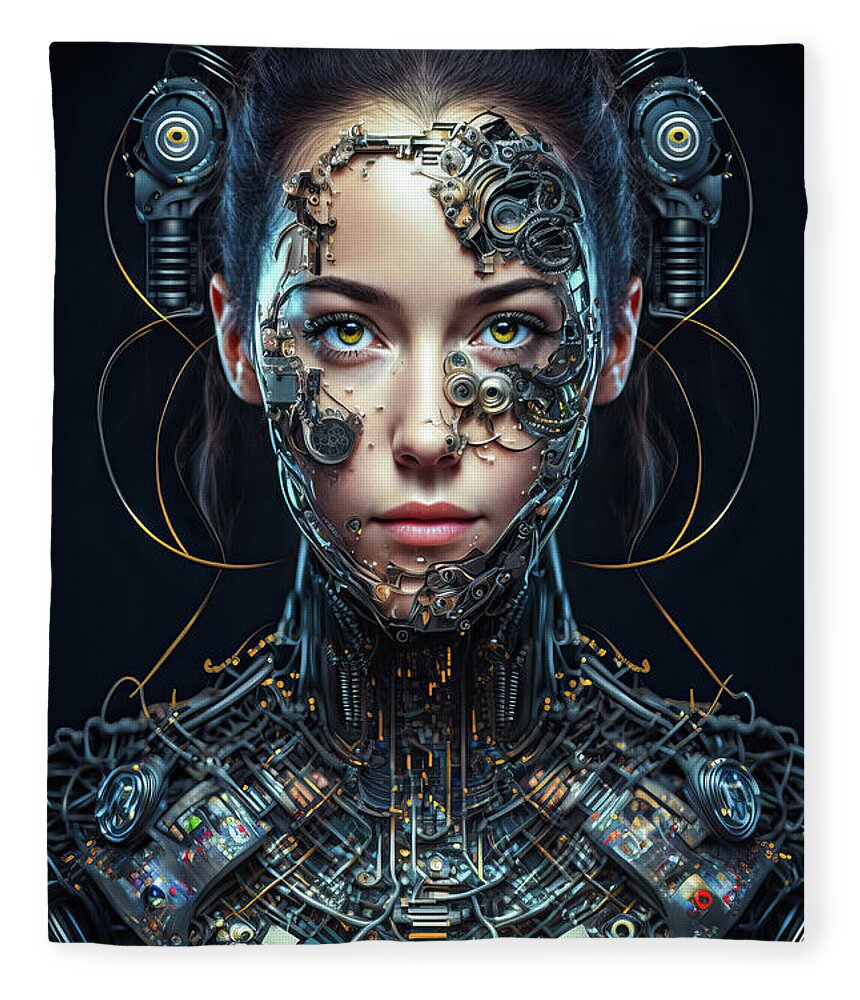 Cyborg Fleece Blanket featuring the digital art The Future of AI 01 Cyborg Woman by Matthias Hauser