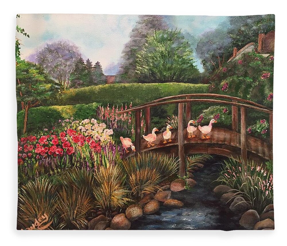 Garden Fleece Blanket featuring the painting The Garden Bridge by Barbara Landry