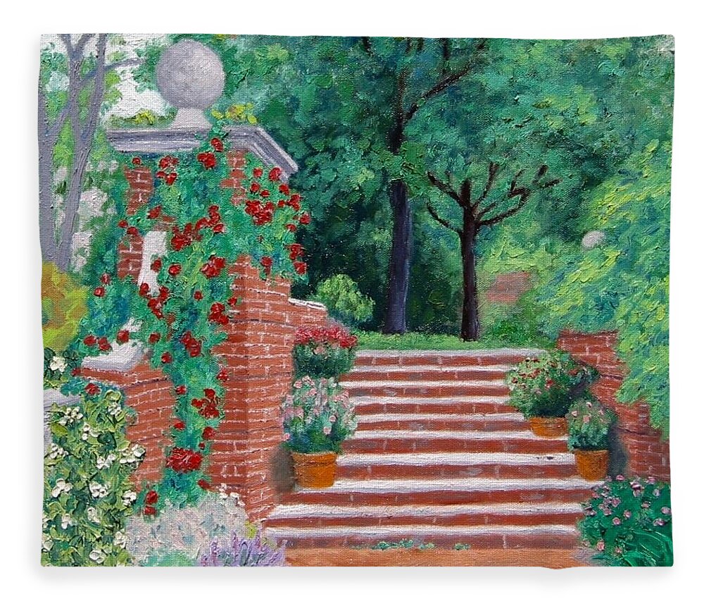 Garden Fleece Blanket featuring the painting The Garden Stairs by J Loren Reedy