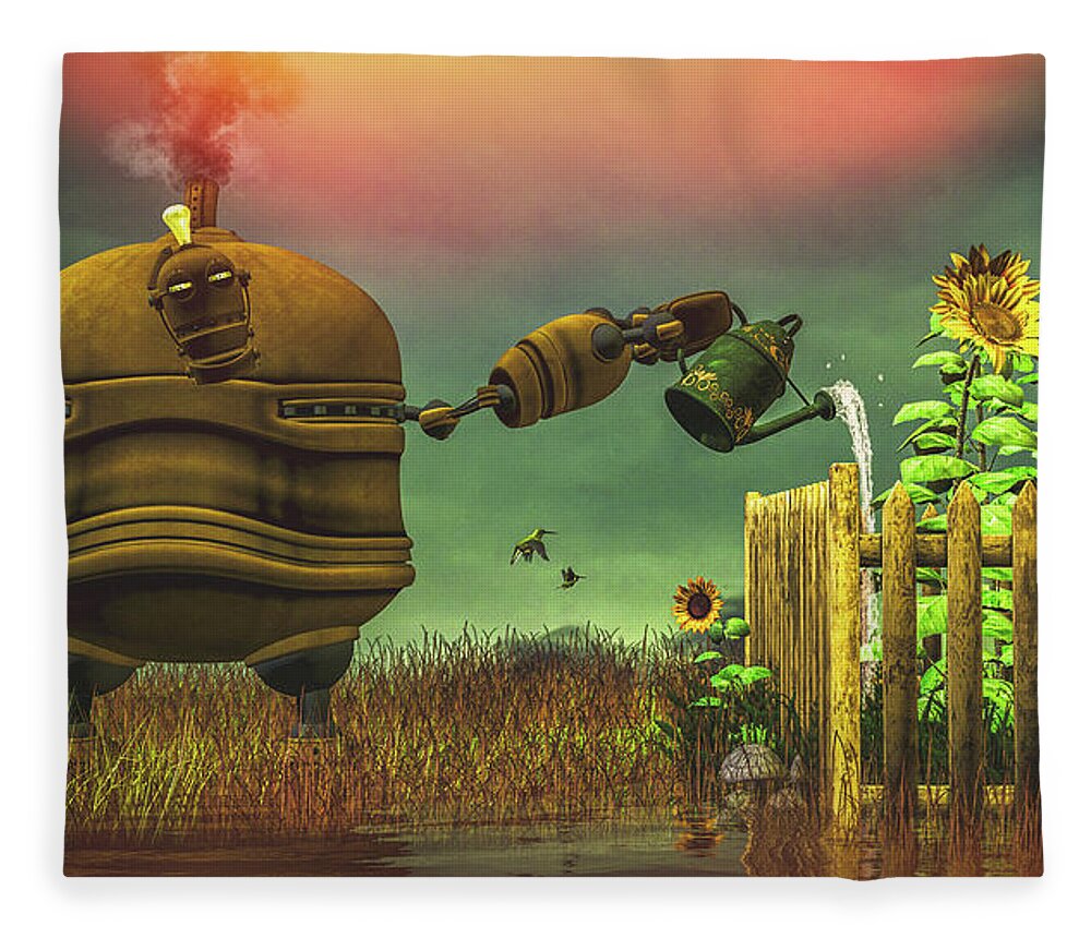 Robot Fleece Blanket featuring the digital art The Gardener by Bob Orsillo