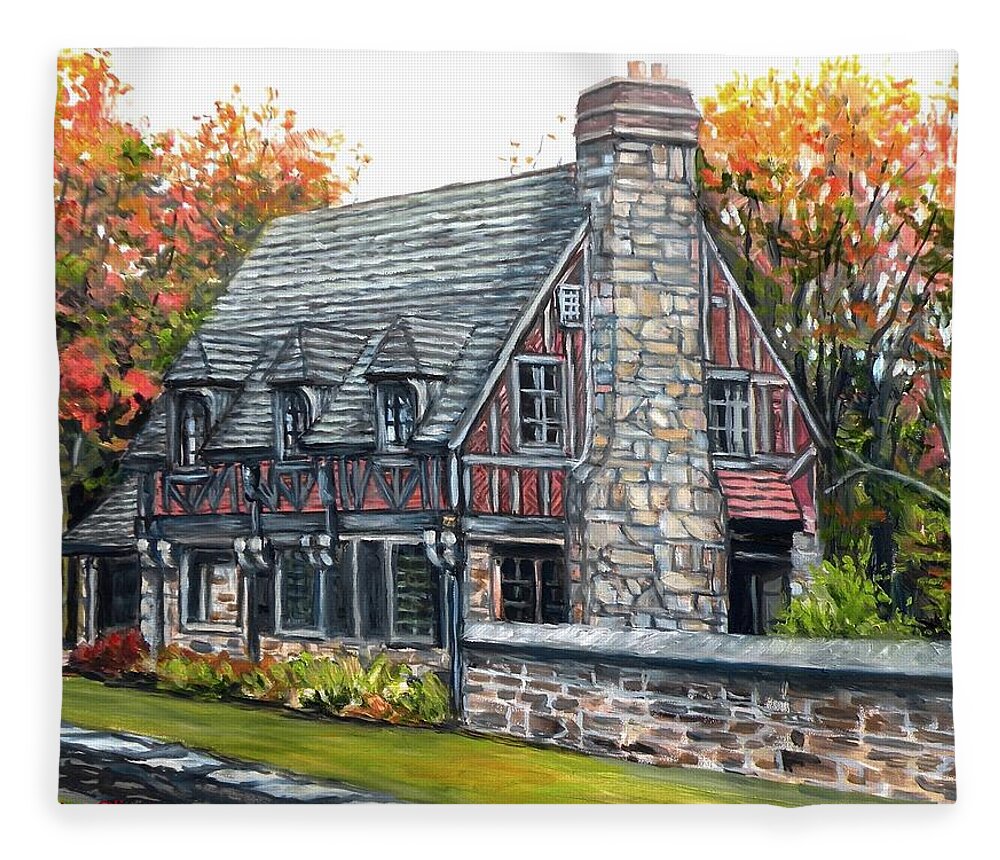 Jordan Pond Fleece Blanket featuring the painting The Gate House, Jordan Pond by Eileen Patten Oliver