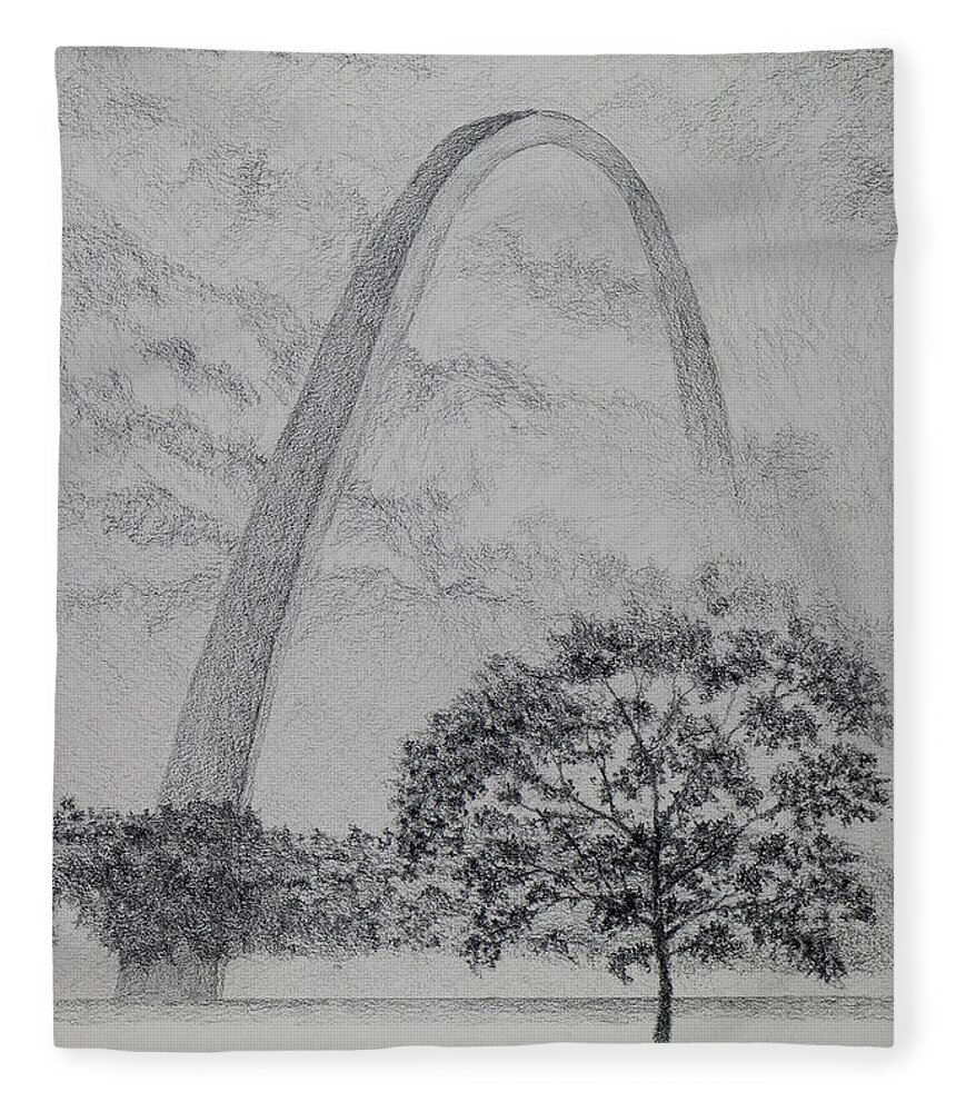 St Louis Arch Fleece Blanket featuring the drawing The Gateway Arch in the Fog by Garry McMichael