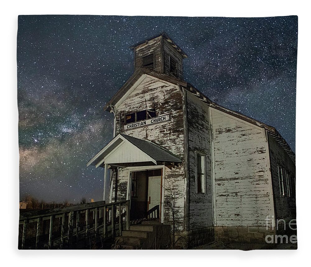 Milky Way; Star Trails; Astrophotography; Spirituality; Christian; Christianity; Church; Cross; Christ; Built Structure; City; Architecture; Outdoors; Landmark; Historical Landmark; Tranquil Scene; Past; History; Travel Destinations; Old Ruin; Usa; Church; Ancient; Stone; Night; Color Image; Abandoned; Old Building; Ruins; Ruin; Night Photography; Christian Church Picher; Church; Oklahoma Fleece Blanket featuring the photograph The Gathering II by Keith Kapple