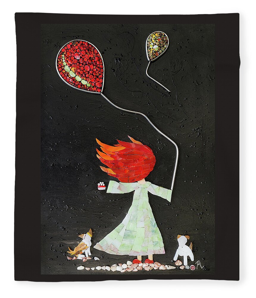 Girl Fleece Blanket featuring the glass art The girl with two balloons and two small dogs by Adriana Zoon