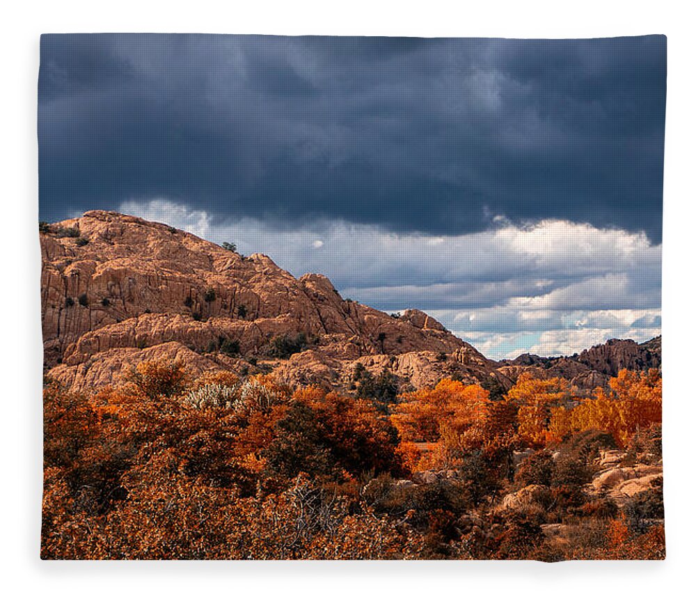 Fall Colors Granite Dells Boulders Water Lake Revivor Fstop101 Prescott Arizona Red Blue Colorful Rock Dark Clouds Summer Monsoon Storm Fleece Blanket featuring the photograph The Granite Dells Bathed in Fall Colors by Geno