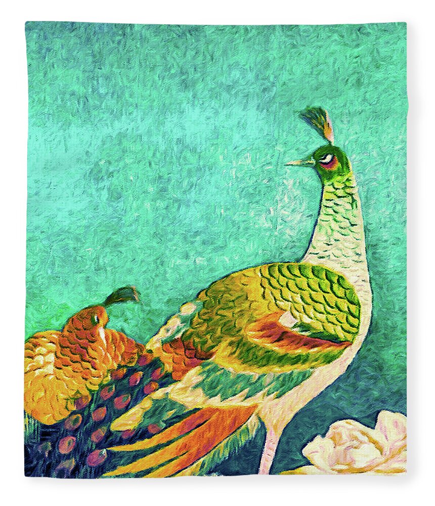 Handsome Peacock Fleece Blanket featuring the tapestry - textile The Handsome Peacock - Kimono Series by Susan Maxwell Schmidt