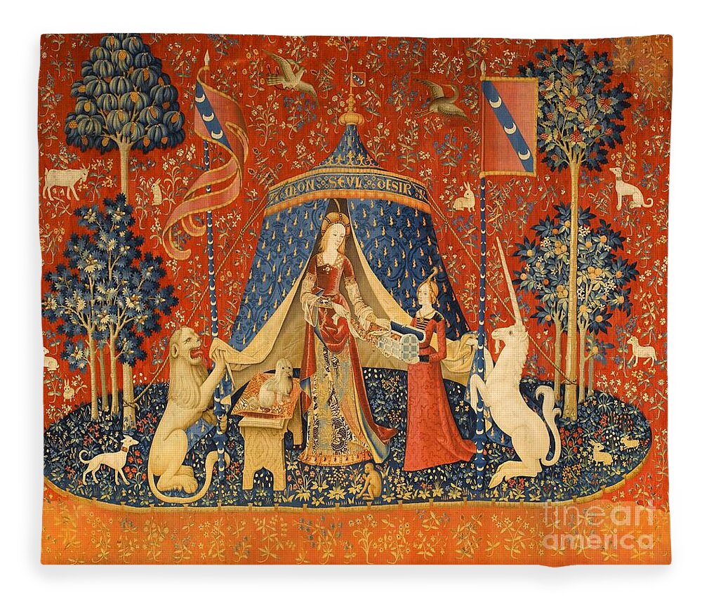 The Lady And The Unicorn Tapestry Fleece Blanket featuring the tapestry - textile The Lady and the Unicorn - Desire by Unknown