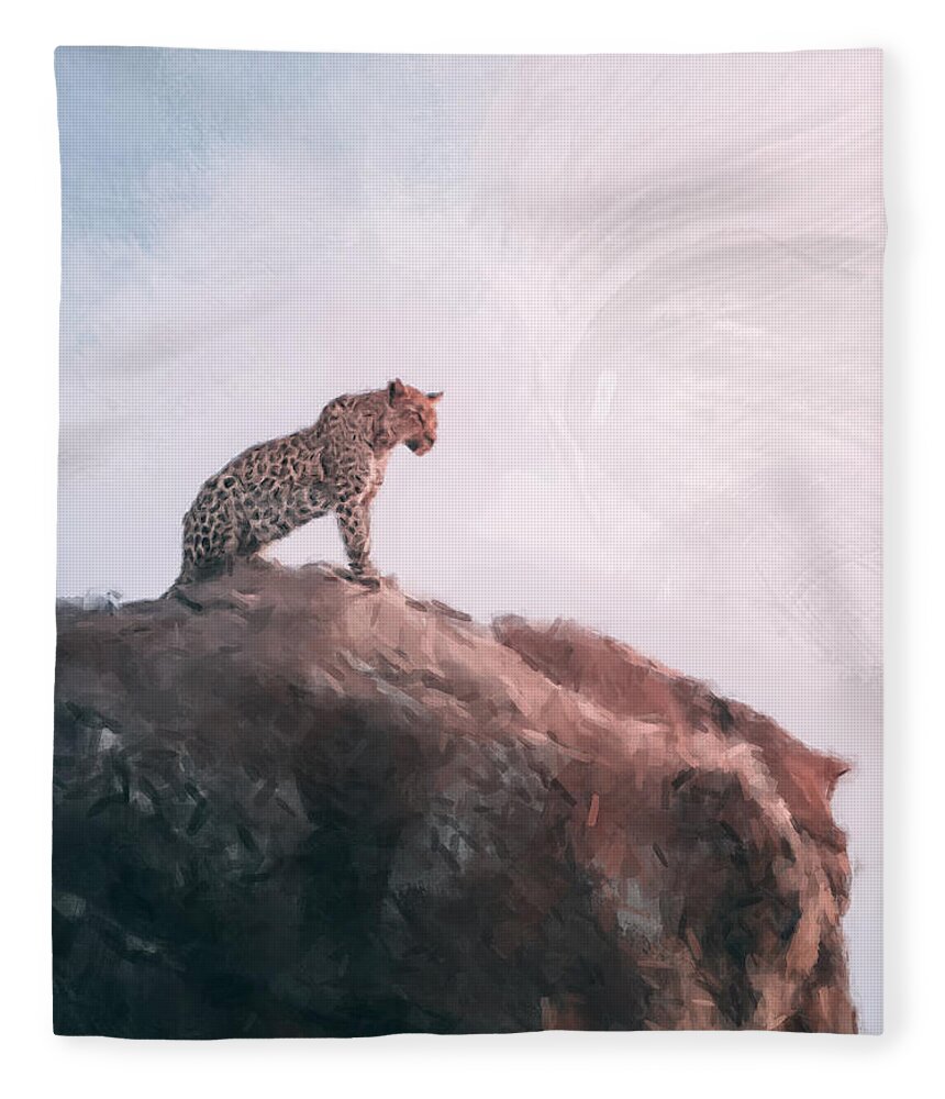 Leopard Fleece Blanket featuring the painting The Leopard Waits by Gary Arnold