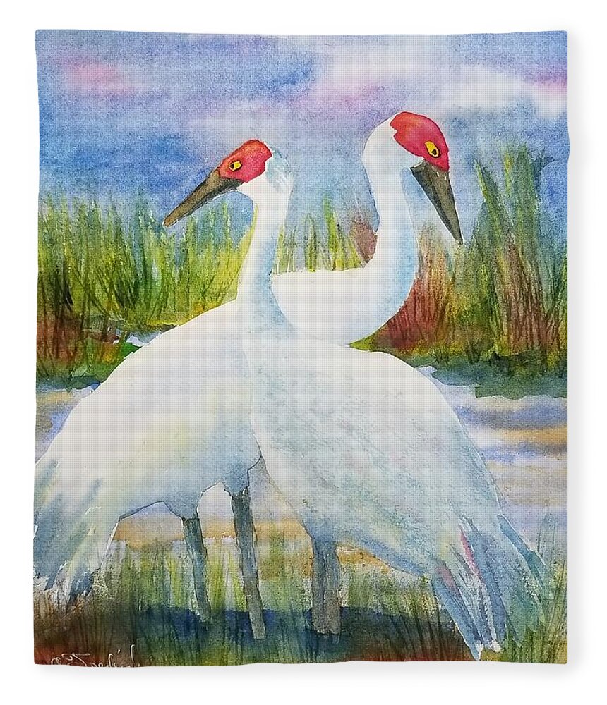 Sandhill Cranes Fleece Blanket featuring the painting The Locals by Ann Frederick