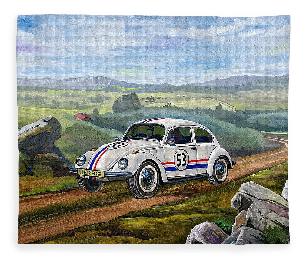 Herbie Fleece Blanket featuring the painting The Love Bug - Herbie by Anthony Mwangi