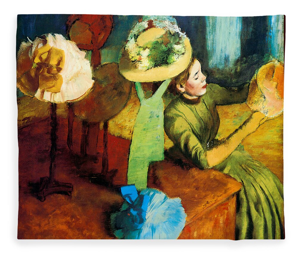 Degas Fleece Blanket featuring the painting The Millinery Shop 1882 by Edgar Degas
