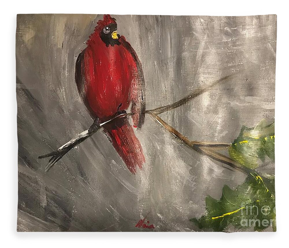 Red Cardinal Bird Eye Fleece Blanket featuring the painting The Moon in the Eye by Nina Jatania