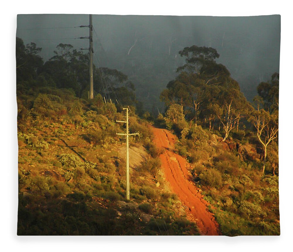 Australia Fleece Blanket featuring the photograph The nowhere track - a red earth track leading into the mists of by Jeremy Holton