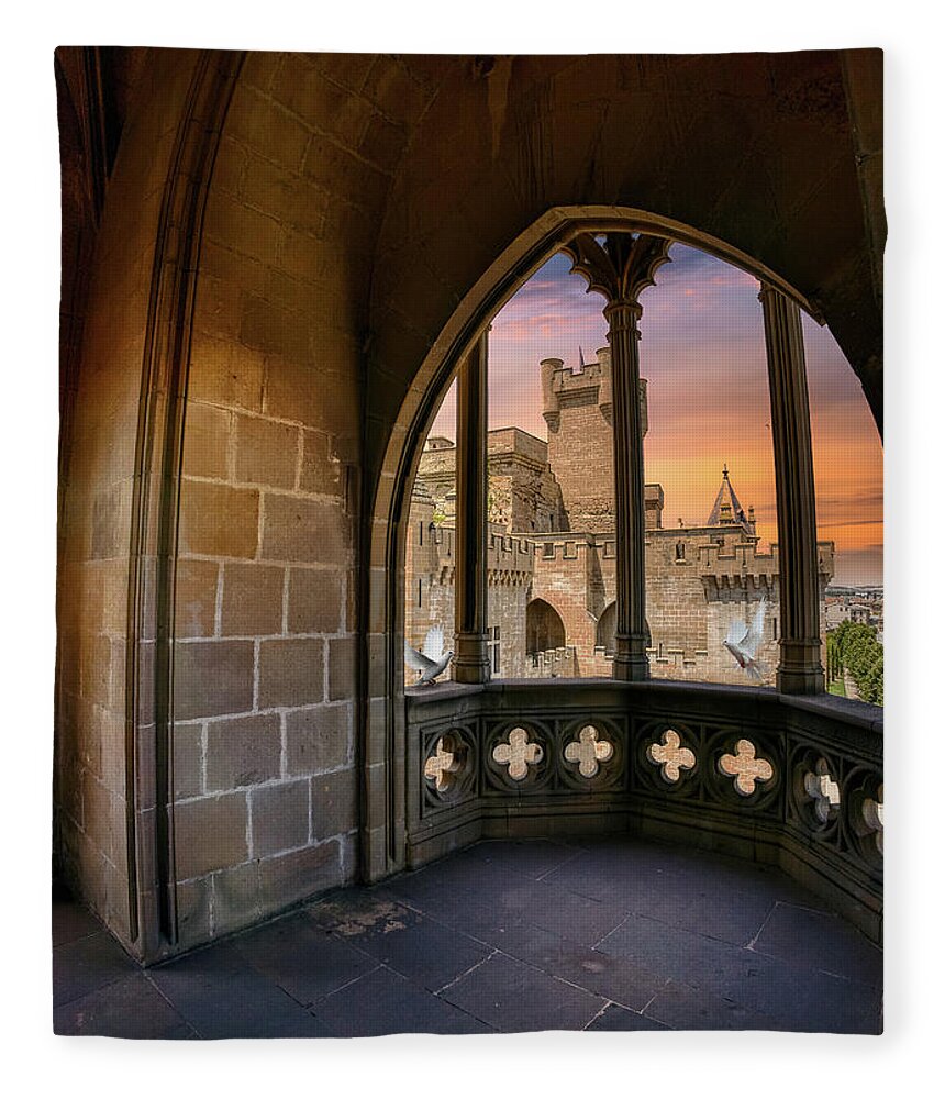 Olite Fleece Blanket featuring the photograph The Olite Castle seen from the loggia by Micah Offman