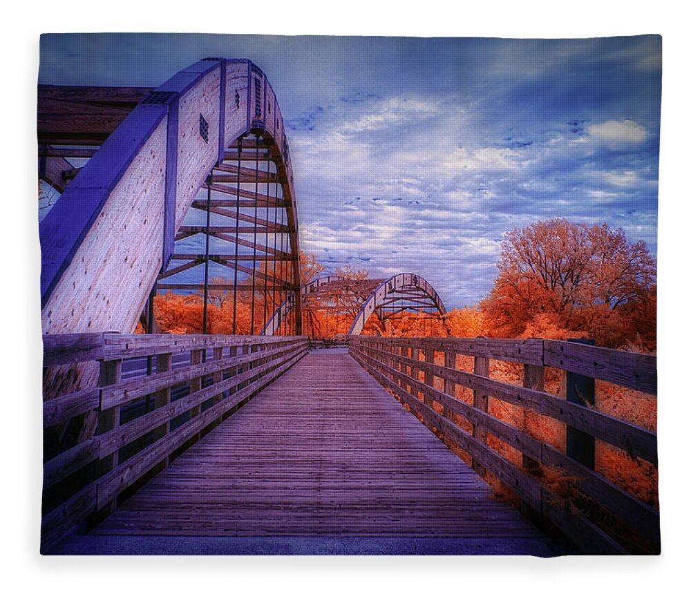 Infrared Photography Fleece Blanket featuring the photograph The Overpeck Bridge by Penny Polakoff