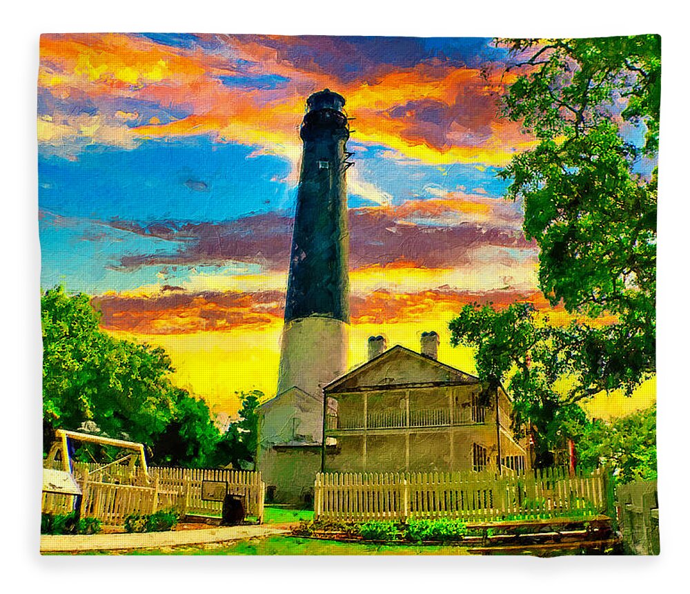 Pensacola Lighthouse Fleece Blanket featuring the digital art The Pensacola lighthouse and maratime museum at sunset - digital painting by Nicko Prints
